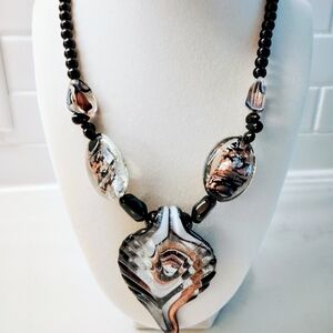 Murano Art Glass Black, Silver and Copper Colored Necklace